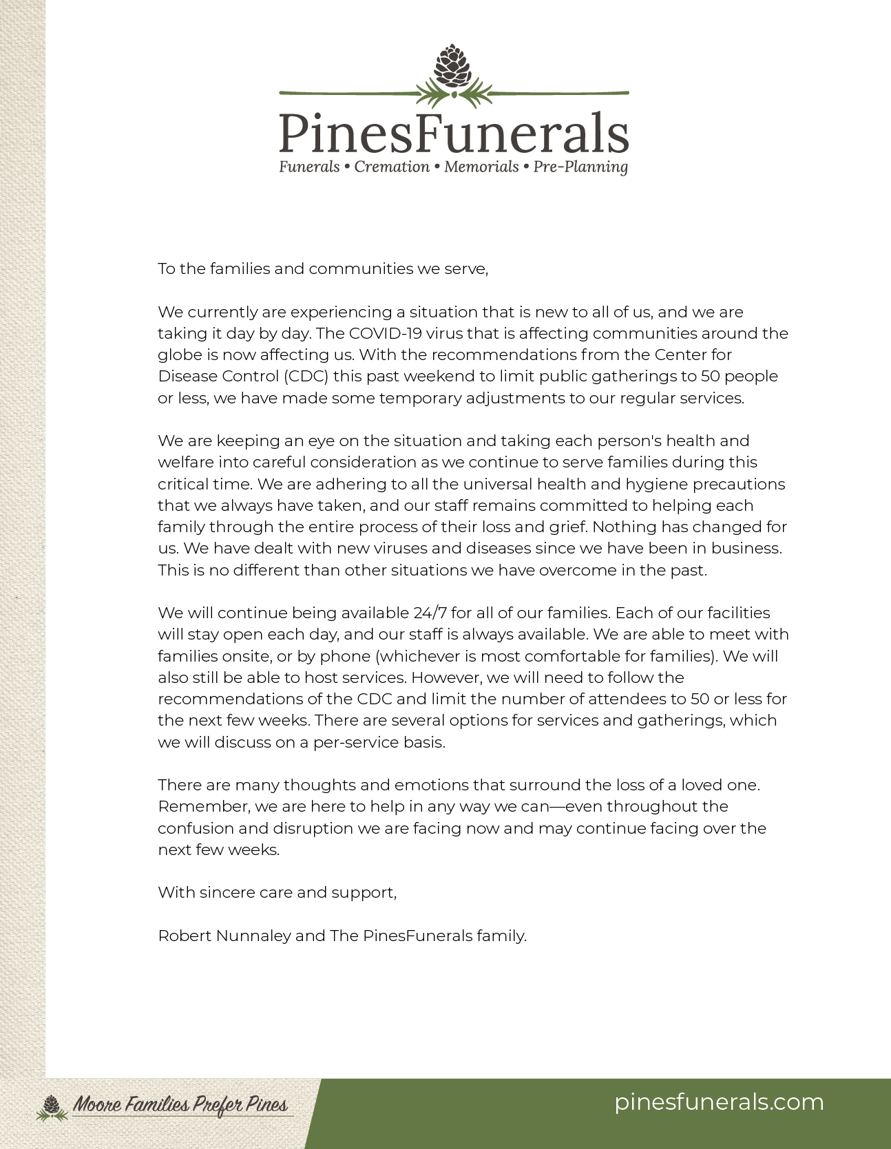 Dear Families of the surrounding communities, Funerals Cremation